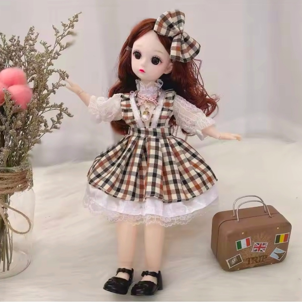 30cm BJD Doll in Plaid Dress Reddish-Brown Hair 3D Eyes 16 Moveable Parts New